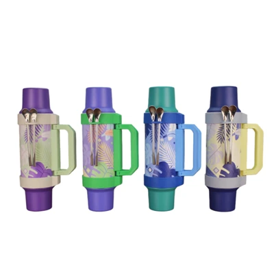 Double Wall Stainlees Thermos Flask With 2 Cups At Top And Base WITH 2 Straw